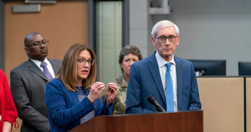 Former WI Department of Health Services Secretary-designee Andrea Palm and Gov. Tony Earl address the press on March 12, 2020