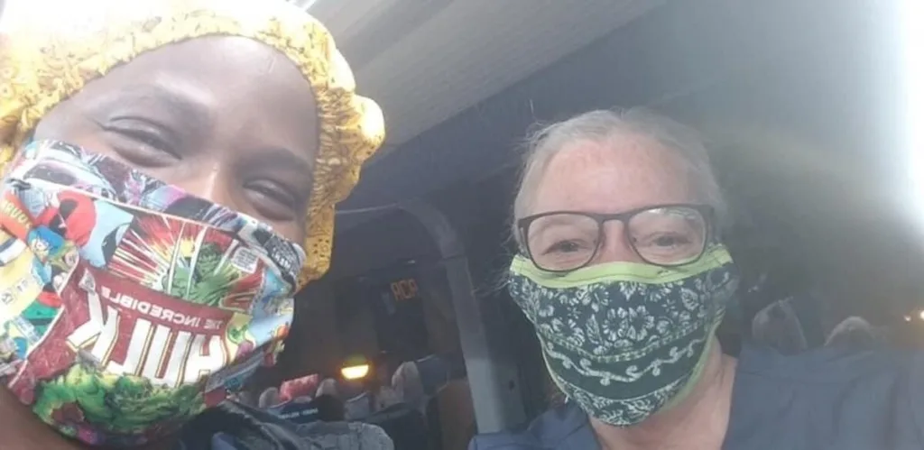 Buffy Riley, right, and one of the nurses she works with treating patients hospitalized with COVID-19 at Woodhull Medical and Mental Health Center in New York. (Photo by Buffy Riley)