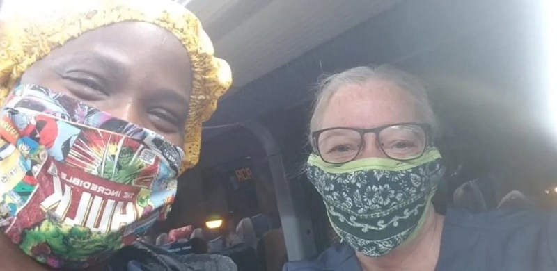 Buffy Riley, right, and one of the nurses she works with treating patients hospitalized with COVID-19 at Woodhull Medical and Mental Health Center in New York. (Photo by Buffy Riley)