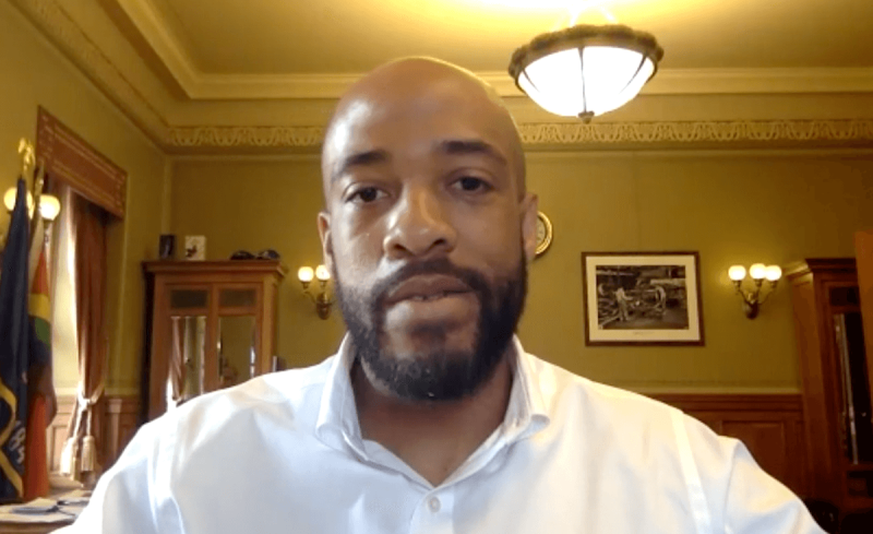 Wisconsin Lt. Governor Mandela Barnes during an online interview from his Capitol office.