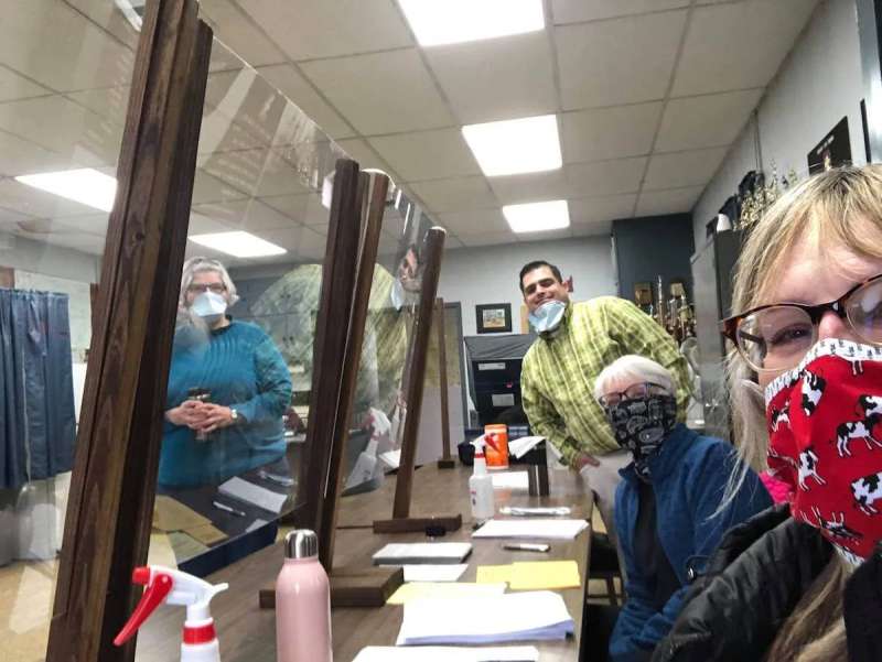 Kriss Marion of Blanchardville and fellow poll workers in Wiota, Wisconsin.
