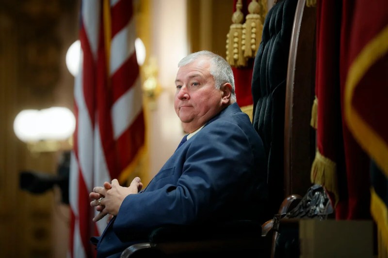 This Wednesday, Oct. 30, 2019 file photo shows Ohio State Representative Larry Householder (R) standing at the head of a legislative session as Speaker of the House, in Columbus.