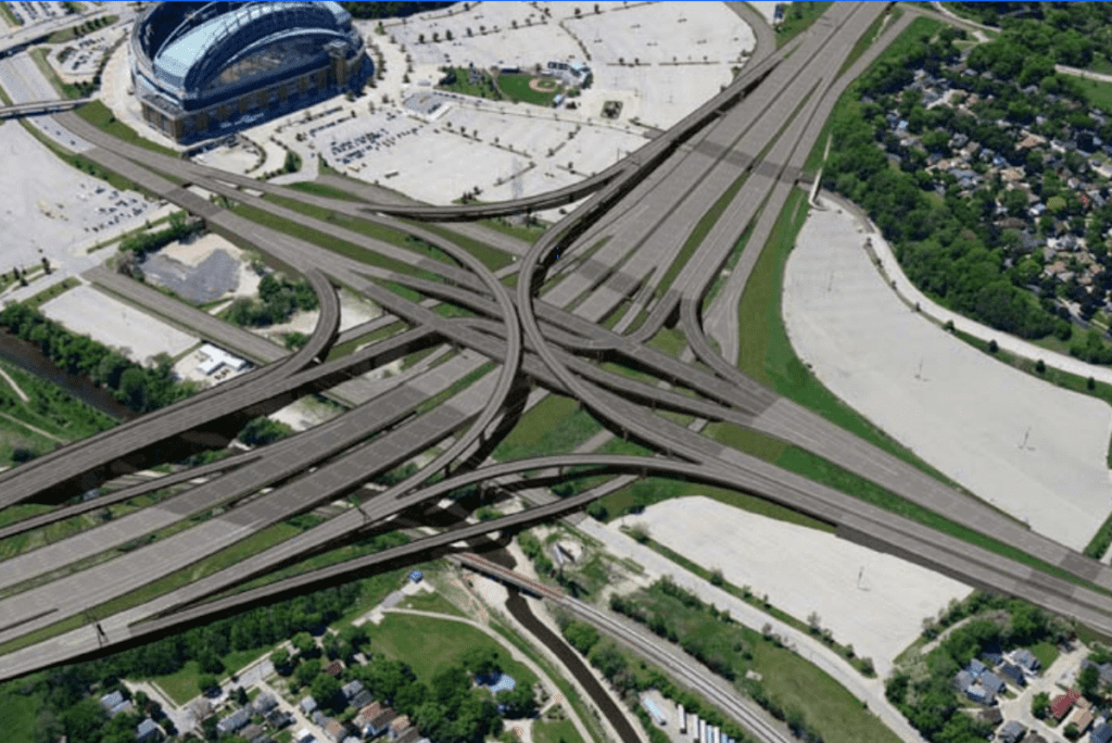 A Wisconsin Dept. of Transportation 2016 rendering of a how part of the I-94 East-West corridor would look as it passed through the Stadium Interchange next to Miller Park.