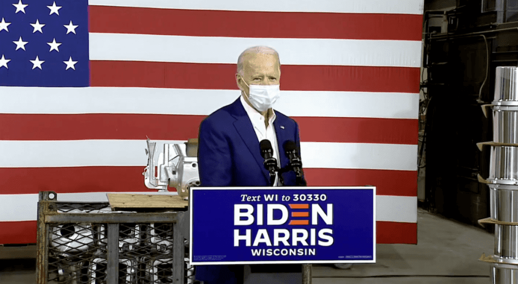 Joe Biden speaking at a factory in Manitowoc, Wis.