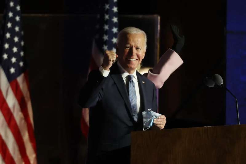 Democratic presidential nominee Joe Biden speaks at a drive-in election night event at the Chase Center in the early morning hours of November 04, 2020 in Wilmington, Delaware.