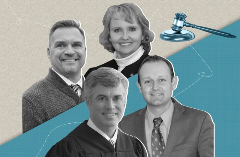 Clockwise, from top: Shelley Grogan, Rick Cveykus, Jeff Davis, and Greg Gill are running for Appeals Court seats. Gill and Cveykus are running for a judgeship in District 3, while Grogan and Davis are running for a seat in District 2. Republican groups and donors have given heavy backing to Gill and Grogan, despite the position's nonpartisan nature. (Graphic by Morgaine Ford-Workman)