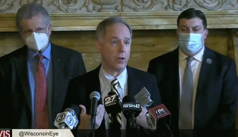 Assembly Speaker Robin Vos (R-Rochester) holds a press conference on April 13 where he demands Gov. Tony Evers accept severe restrictions on local health officials, schools, and the governor himself in exchange for tens of millions of dollars in federal supplemental COVID food aid. (Image via Wisconsin Eye.)