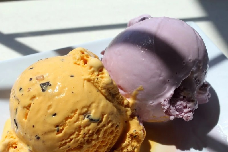 Ice cream – including Orange Chocolate Bliss and Huckleberry – is made in small batches at Sassy Cow Creamery. (Photo by Mary Bergin)