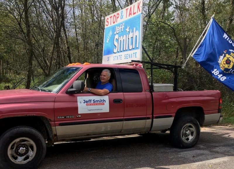 State Sen. Jeff Smith (D-Town of Brunswick, Eau Claire Co.) frequently conducts roadside listening sessions from his truck.
