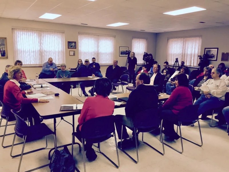 In this photo supplied by Sen. Tammy Baldwin's office, the Wisconsin Democrat hosts a forum with residents of Brokaw in 2016 about the closing of a paper mill years earlier and her proposed legislation to increase transparency of stock purchases by activist hedge funds that frequently take control of a company and sell off assets in order to maximize their investment.