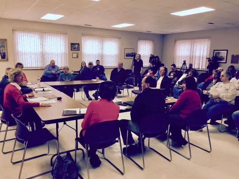 In this photo supplied by Sen. Tammy Baldwin's office, the Wisconsin Democrat hosts a forum with residents of Brokaw in 2016 about the closing of a paper mill years earlier and her proposed legislation to increase transparency of stock purchases by activist hedge funds that frequently take control of a company and sell off assets in order to maximize their investment.