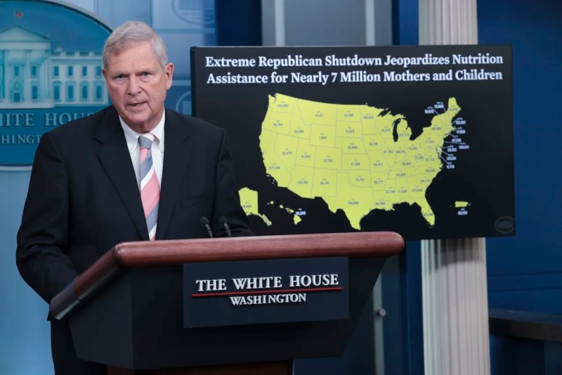 Secretary of Agriculture Tom Vilsack answers questions during the daily press briefing at the White House on September 25, 2023 in Washington, DC. Vilsack and White House press secretary Karine Jean-Pierre answered a range of questions related primarily to a potential shutdown of the U.S. government. (Photo by Win McNamee/Getty Images)