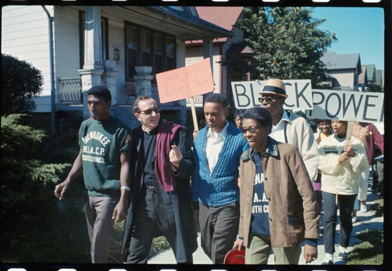 In this photo from Sept. 1, 1967, Father James Groppi leads an open housing demonstration in Milwaukee.
