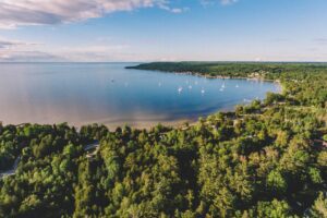 An aerial view of a pristine, clean lake.