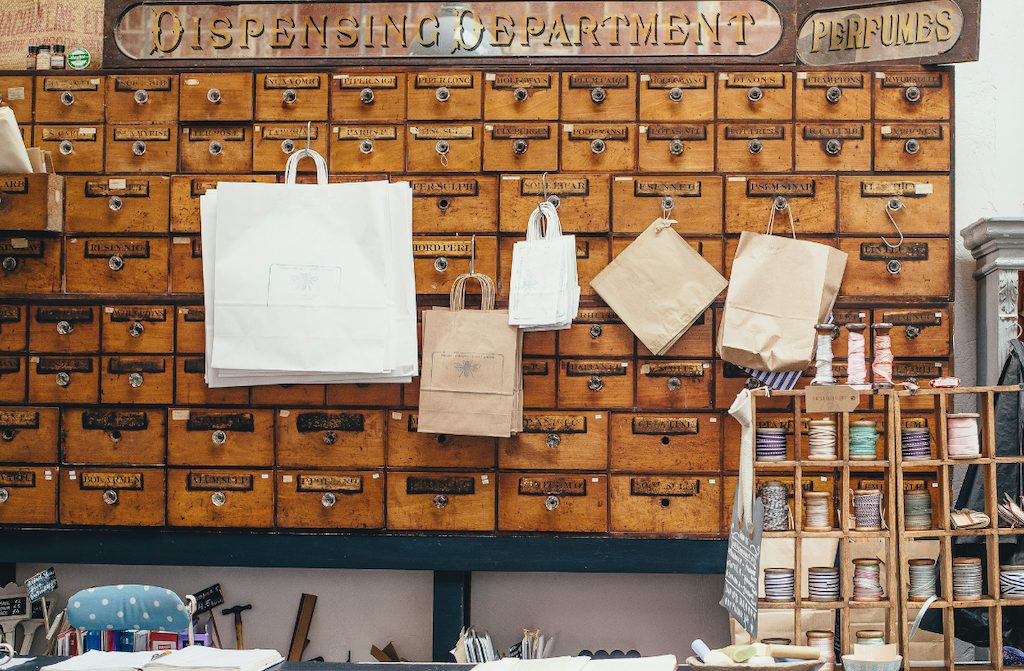 Interior shot of shelves in a craft store.
