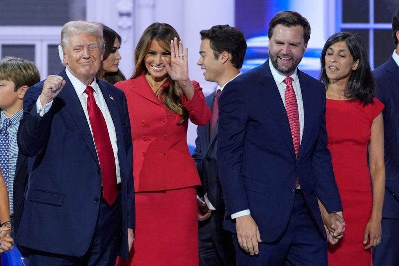 Republican presidential candidate former President Donald Trump, former first lady Melania Trump, Republican vice presidential candidate Sen. JD Vance, R-Ohio, and his wife Usha Vance together on stage at the end of the Republican National Convention, Thursday, July 18, 2024, in Milwaukee. (AP Photo/J. Scott Applewhite)