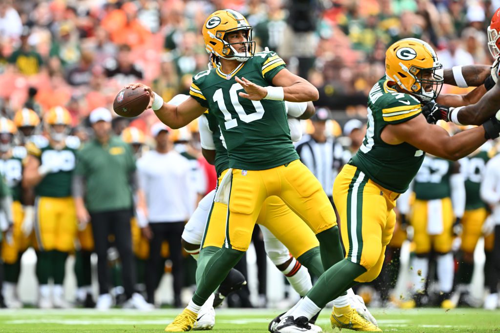 Quarterback Jordan Love of the Green Bay Packers jersey #10 passes during the first half against the Cleveland Browns at Cleveland Browns Stadium on August 10, 2024 in Cleveland, Ohio.