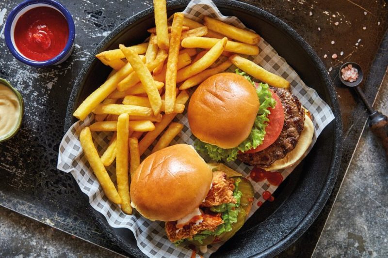 Two burgers and fries.