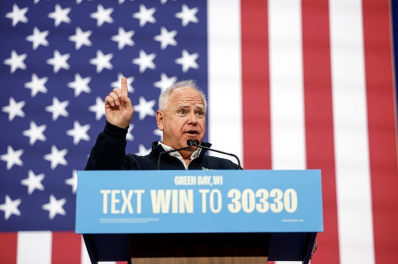 Gov. Tim Walz speaks at a campaign event Monday, Oct. 14, 2024, in Green Bay