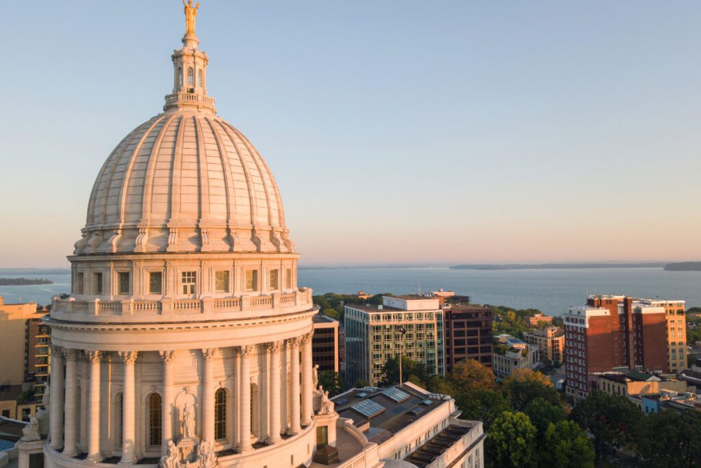 Wisconsin State Capitol dome with lake in background