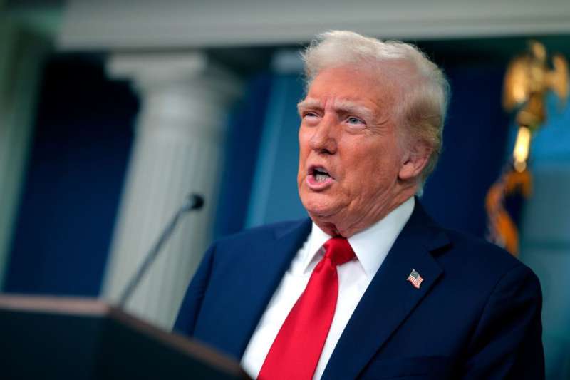 President Donald Trump speaks to reporters about the collision of an American Airlines flight with a military Black Hawk helicopter near Ronald Reagan National Airport, in the Brady Press Briefing Room at the White House on January 30, 2025 in Washington, DC. (Photo by Chip Somodevilla/Getty Images)