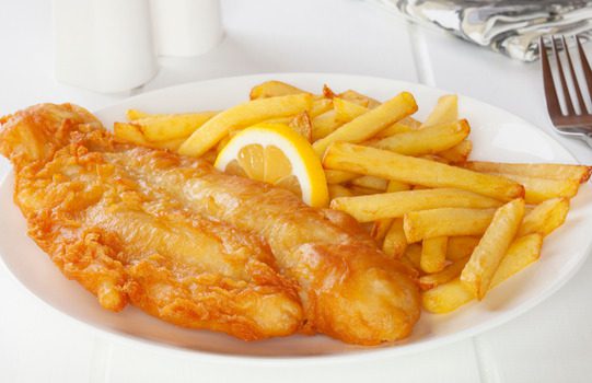 Fried cod with lemon and french fries