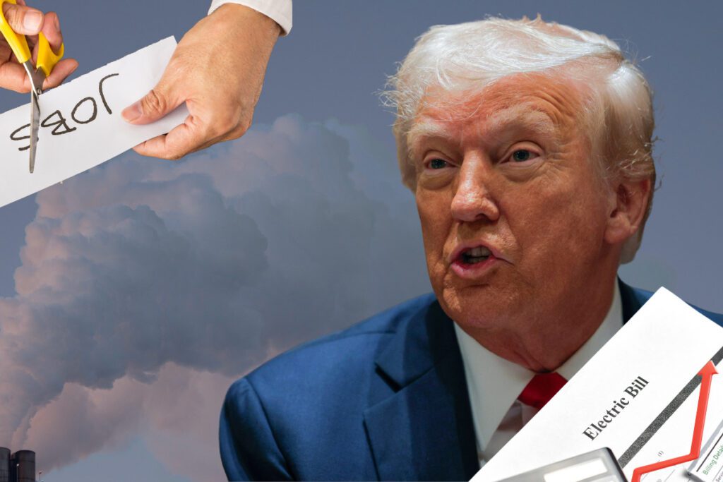 Clean Energy. Trump, Smoking pipes of factory polluting environment, Electric Bill with arrow going up.