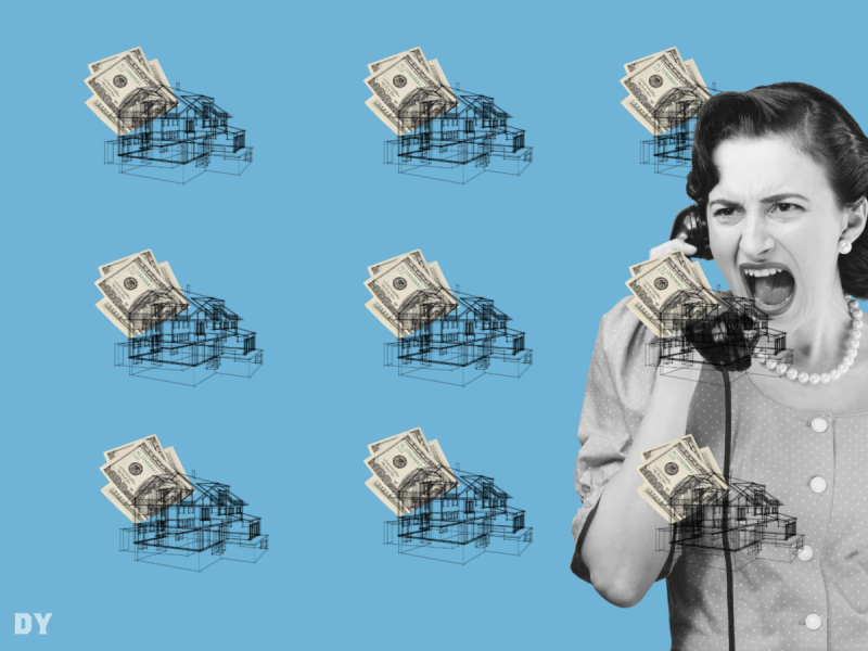 a blue background featuring a woman screaming into a telephone with assorted money and houses scattered across the graphic