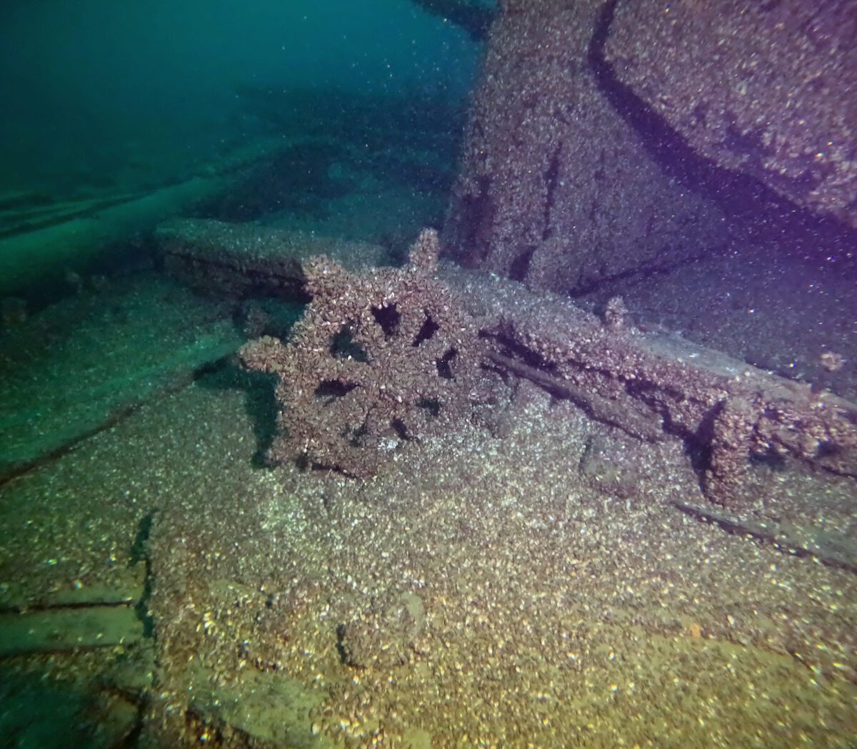 The wheel of the F.J. King is visible in this shot of the 144-foot wooden schooner, which was found off Door County. Many maritime historians and shipwreck hunters had searched for it, but wasn't found until this summer, 139 years after it went down.