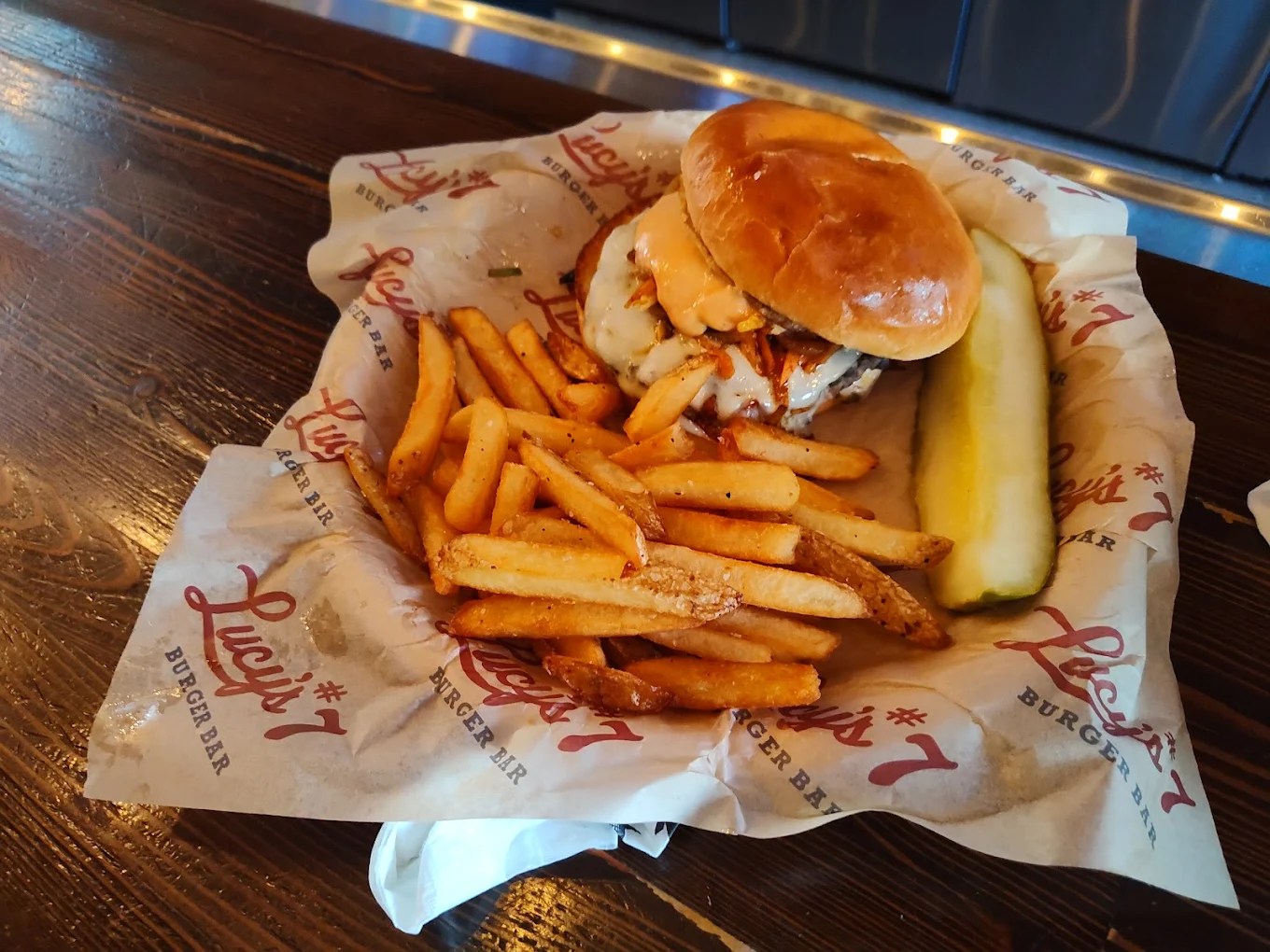 A burger from Lucy's #7 Burger Bar.