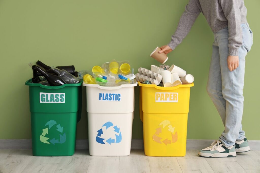 Woman putting garbage into full trash bins with different types of waste