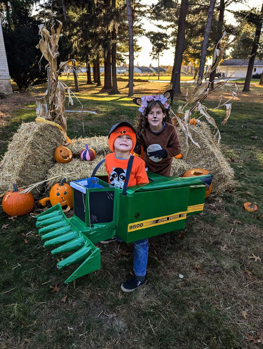 Costume of a tractor and a deer.