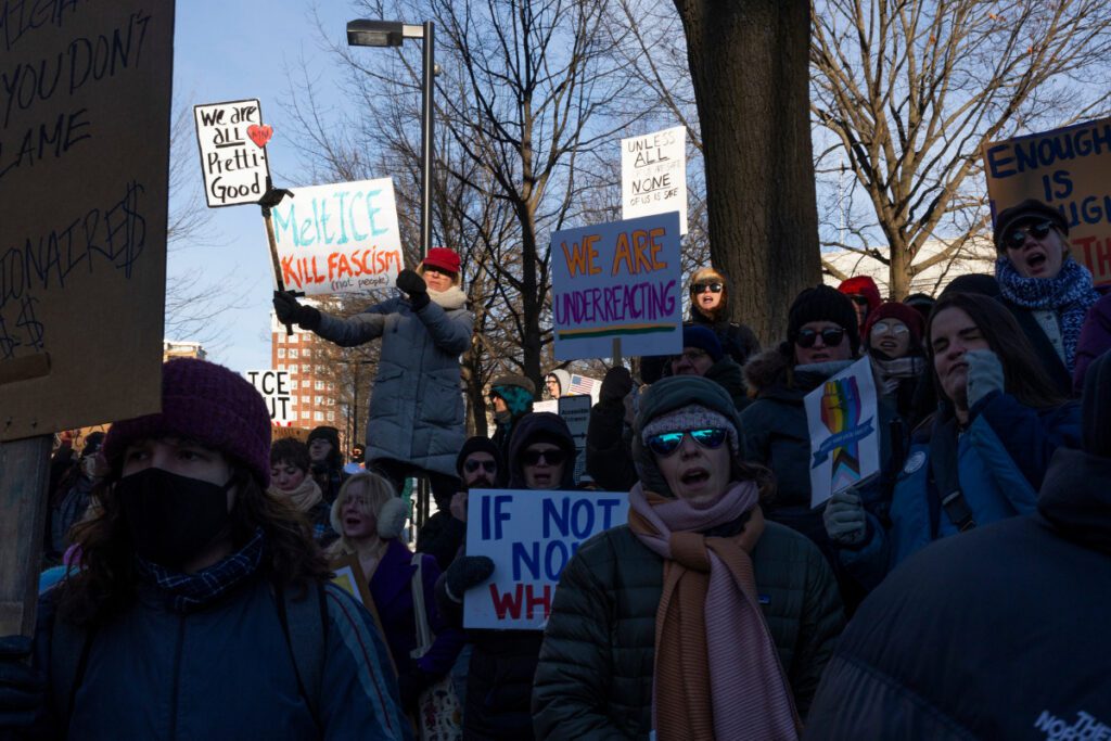 MADISON, WISCONSIN - JANUARY 30: Demonstrators participate in a ‘nationwide shutdown’ to protest U.S. Immigration and Customs Enforcement, marching from the Library Mall to the Wisconsin State Capitol, on January 30, 2026 in Madison, Wisconsin. (Photo by Joe Timmerman/Wisconsin Watch via Getty Images)