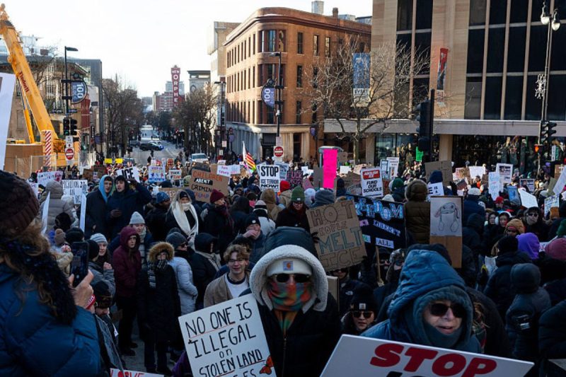 MADISON, WISCONSIN - JANUARY 30: Demonstrators participate in a ‘nationwide shutdown’ to protests U.S. Immigration and Customs Enforcement, marching from the Library Mall to the Wisconsin State Capitol, on January 30, 2026 in Madison, Wisconsin. (Photo by Joe Timmerman/Wisconsin Watch via Getty Images)