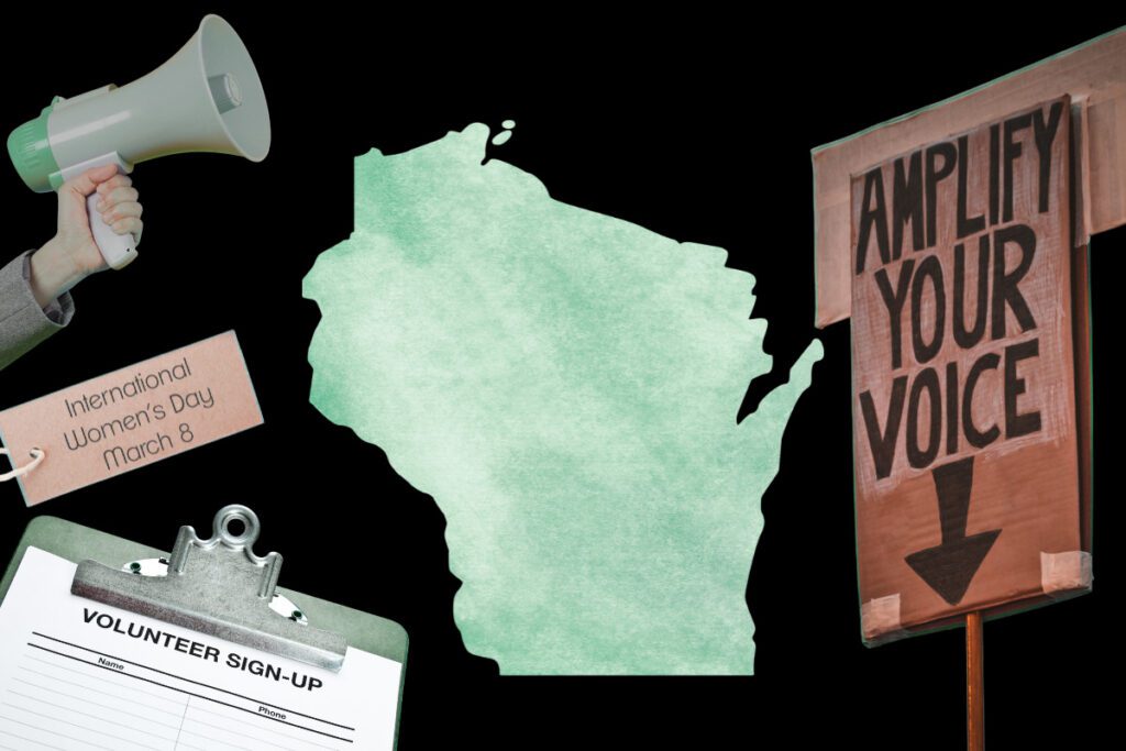 protests sign, Wisconsin state icon, volunteer sign up clipboard, megaphone