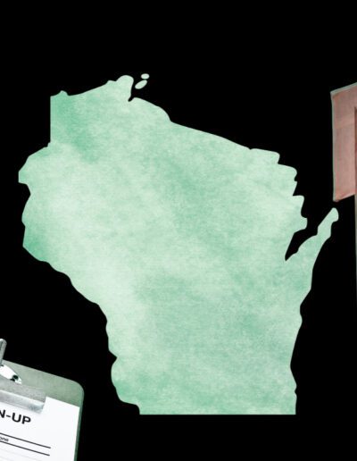 protests sign, Wisconsin state icon, volunteer sign up clipboard, megaphone