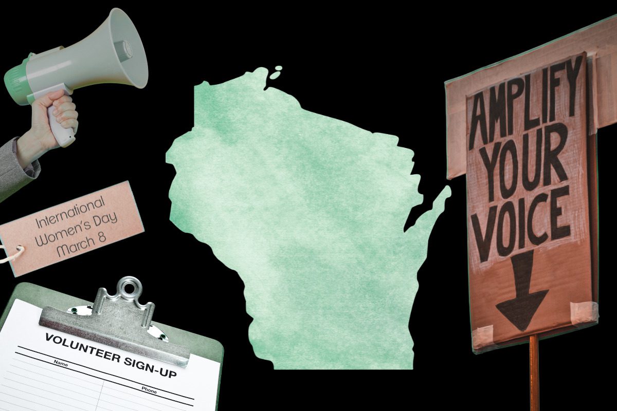 protests sign, Wisconsin state icon, volunteer sign up clipboard, megaphone
