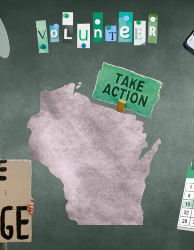 Photo illustration, protest sign reading "time for change," megaphone, calendar, phone, "Take action" sign, volunteer, Wisconsin state outline.