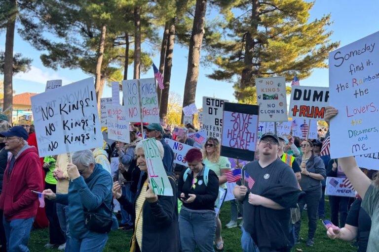 No Kings Day protest march rally in Wisconsin. Group of people holding protest signs.