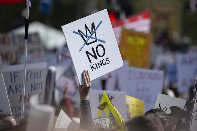No Kings protest sign, No Kings protest in background
