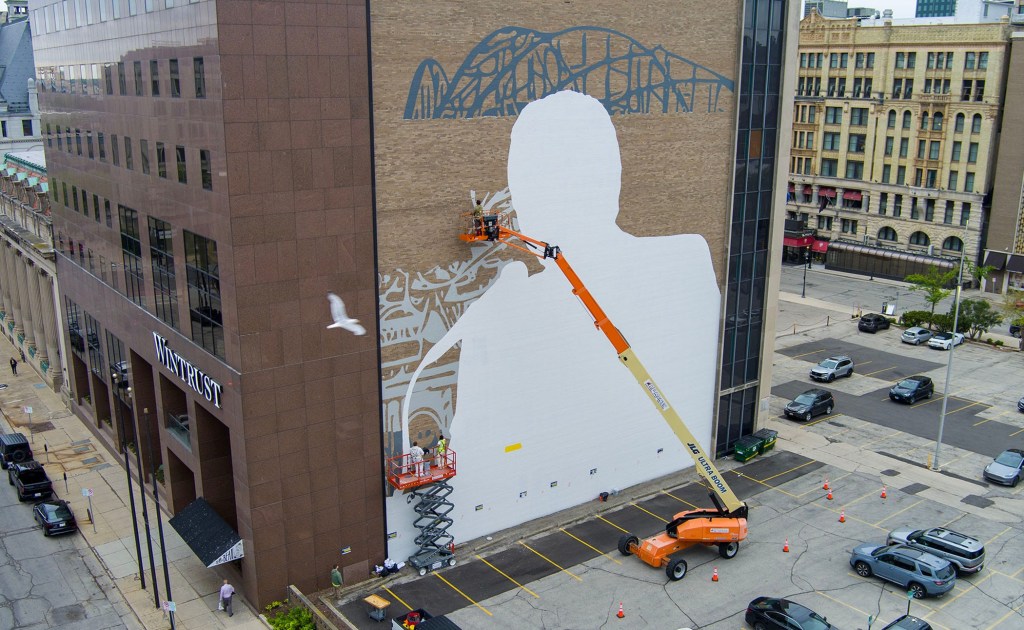 Bob Uecker mural being painted in downtown Milwaukee