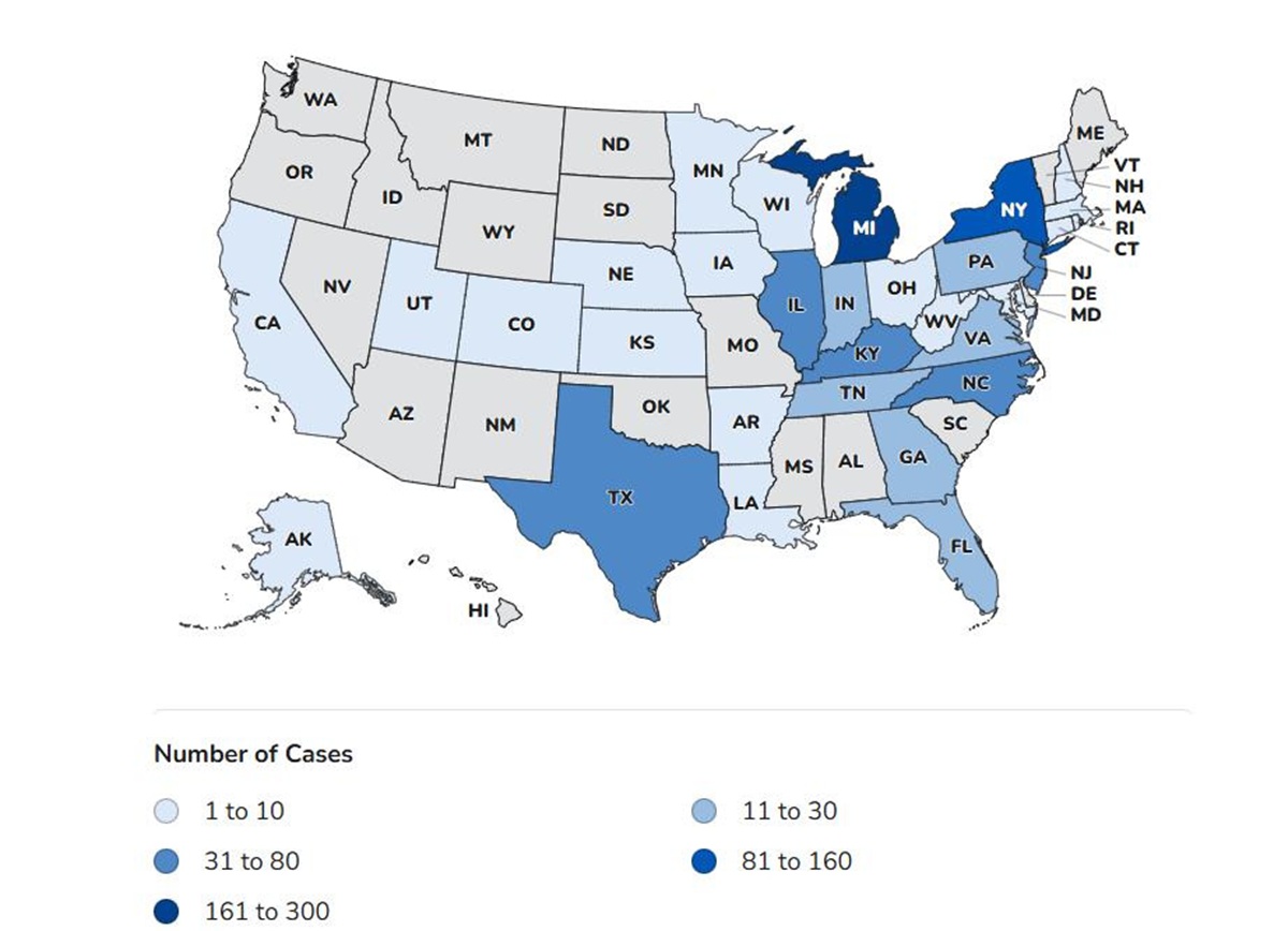 A map shows cases of cyclosporiasis in Minnesota and elsewhere in the US