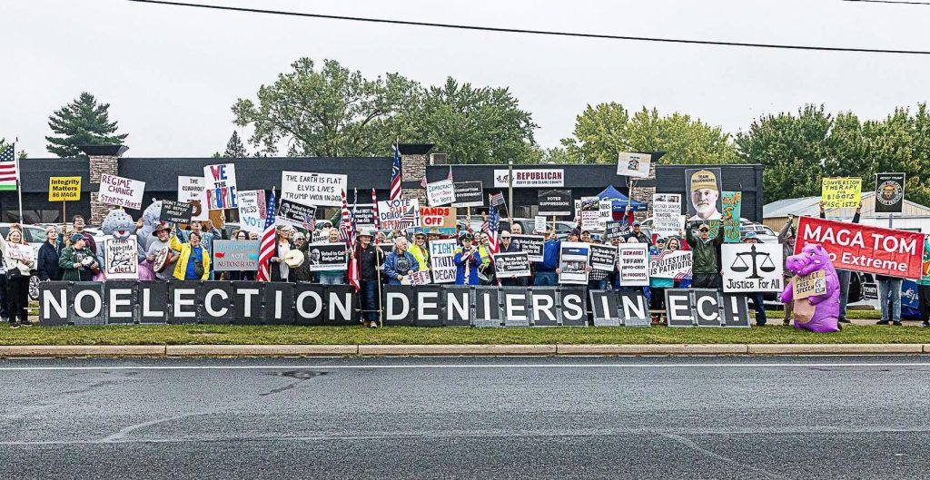 ‘Hip, hip, hypocrite!’: Wisconsin protesters slam local GOP over election denier event and Tom Tiffany’s history